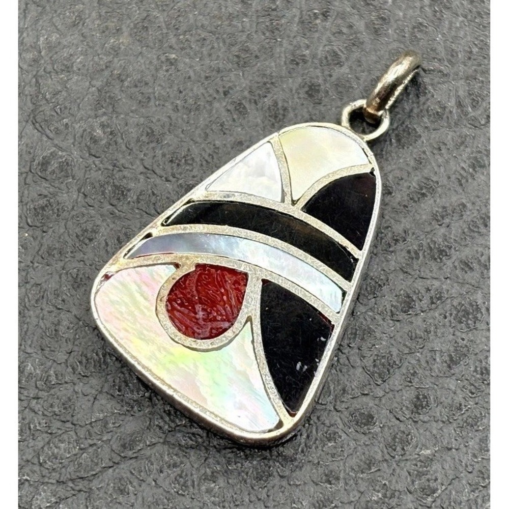 Vintage Reversible Inlaid Shell Mother of Pearl Abalone Pendant Sterling Silver